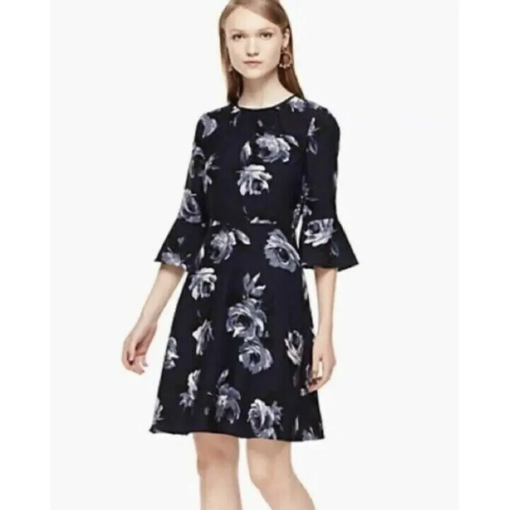 Kate Spade Long Bell Sleeve Stretchy Floral Mini Career Office Dress Size 0 Shor